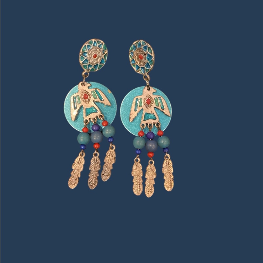 Native American Thunderbird Shield Dangle Earrings Beaded Feather Fringe 3"